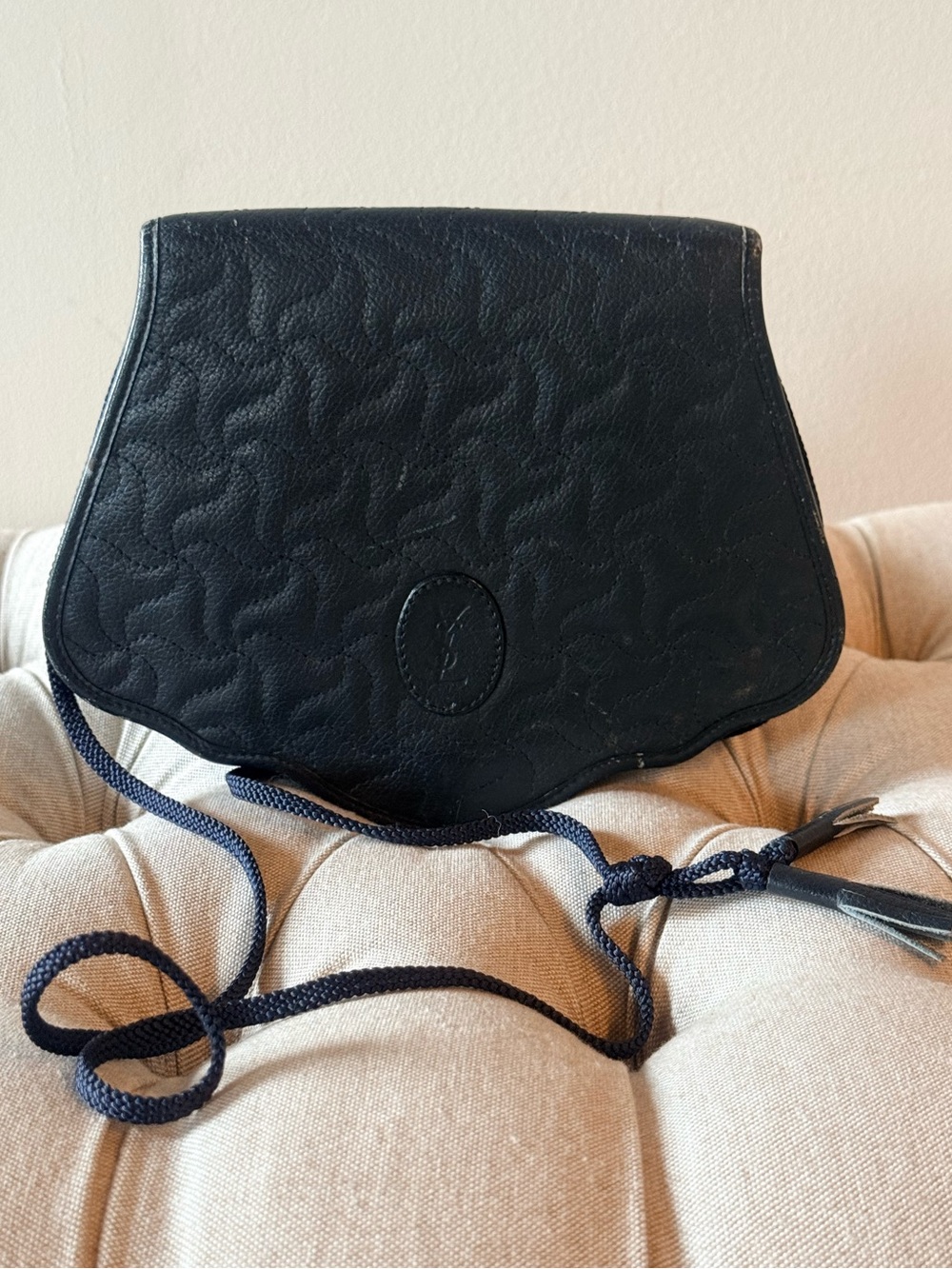 RARE Vintage YSL Dark Navy Scalloped Crossbody Rope Bag 80s